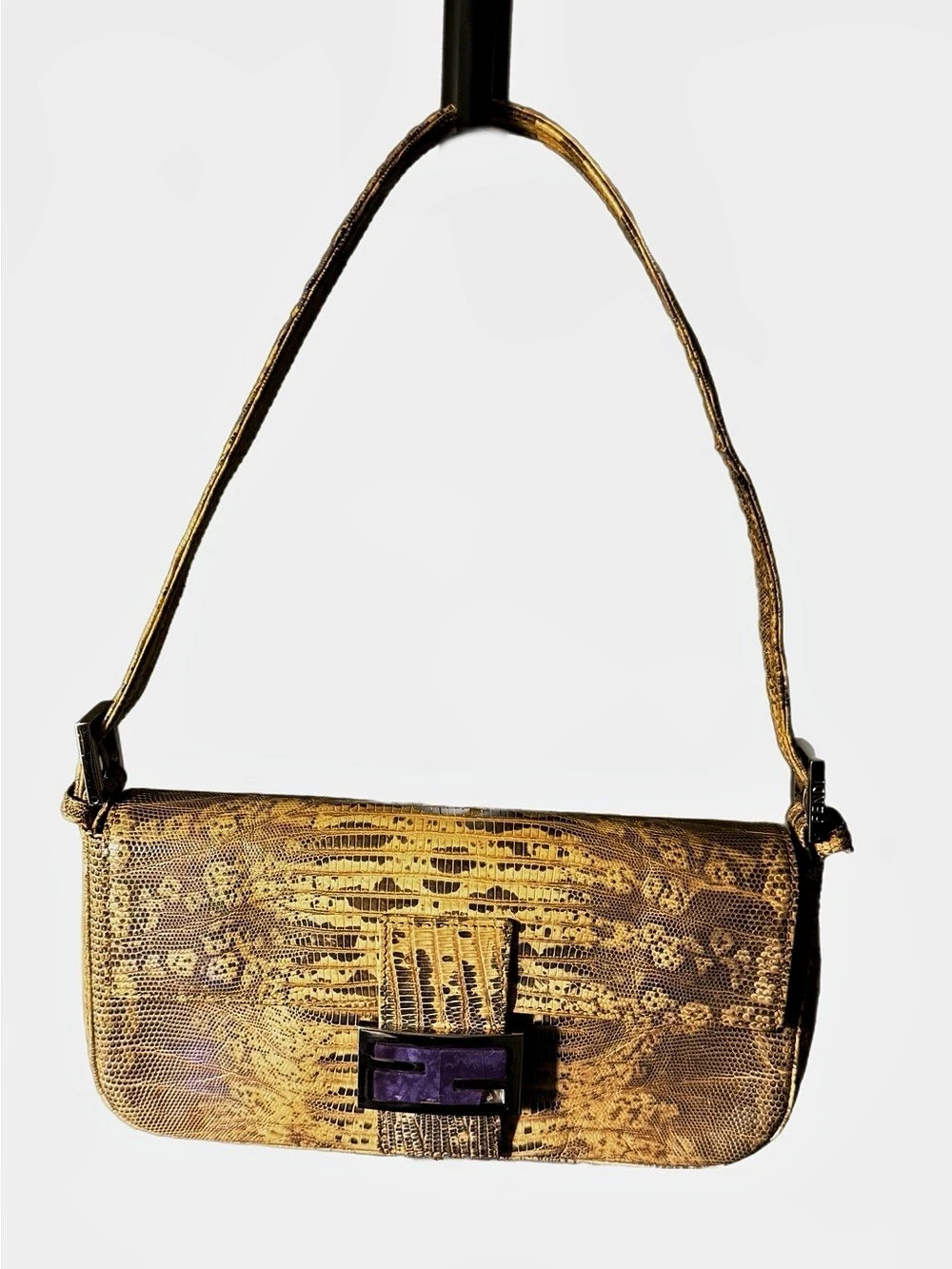 Fendi Lizard Baguette Shoulder Bag Gold & Brown
